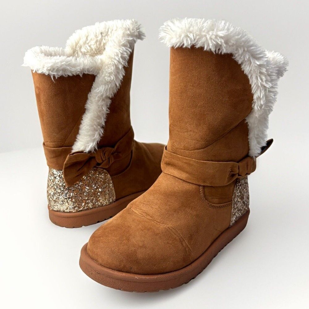 Girls Magellan Brown Faux Suede Fur Sherpa Boots Sparkle Youth 2 Bow Binge EUC